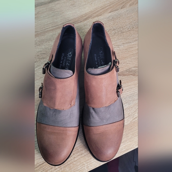 Women's Tan and Gray Leather Buckle Shoes Chunky Heel Grandpacore 39 - Picture 13 of 13